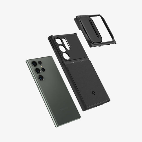 ACS05639 - Galaxy S23 Ultra Case Optik Armor in black showing the back with lens protector slot open